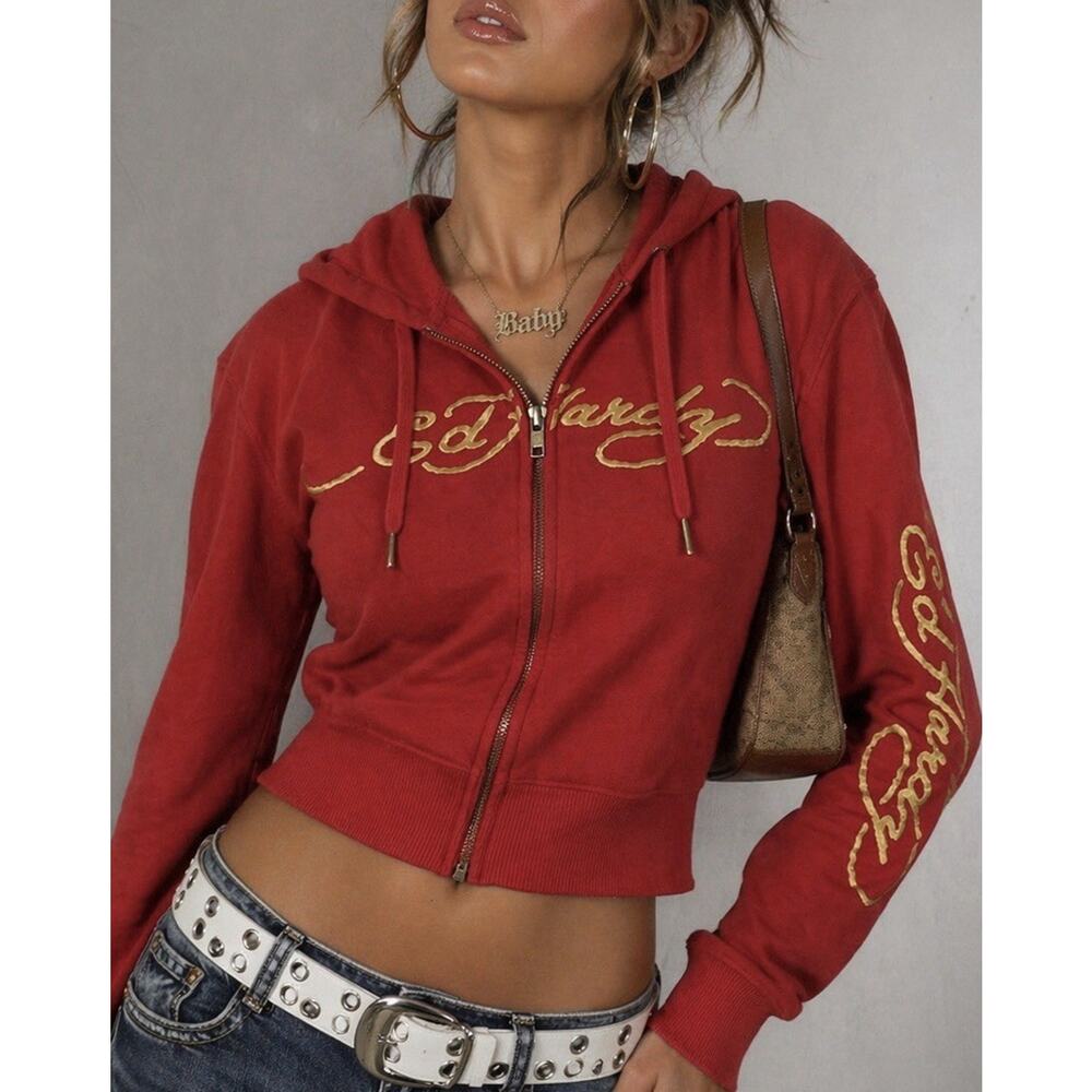 ED HARDY Vintage Dragon Zip Crop Hoodie Red Gold Graphic Y2K Streetwear Size L - Picture 2 of 10